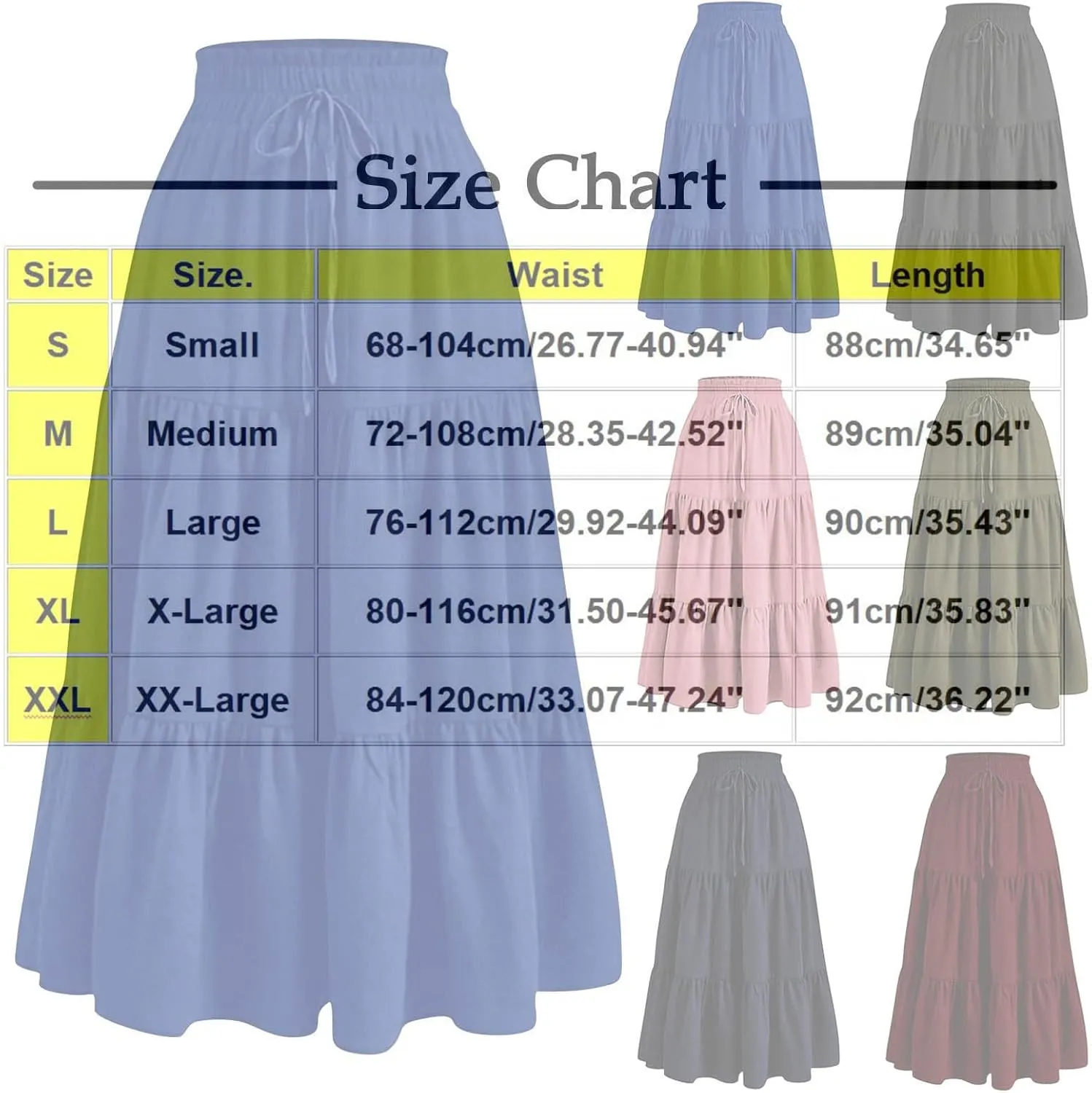 Women's Casual Skirts Summer Boho Flowy Midi Skirt A Line Pleated Long Skirts Tiered Elastic High Waisted Skirt