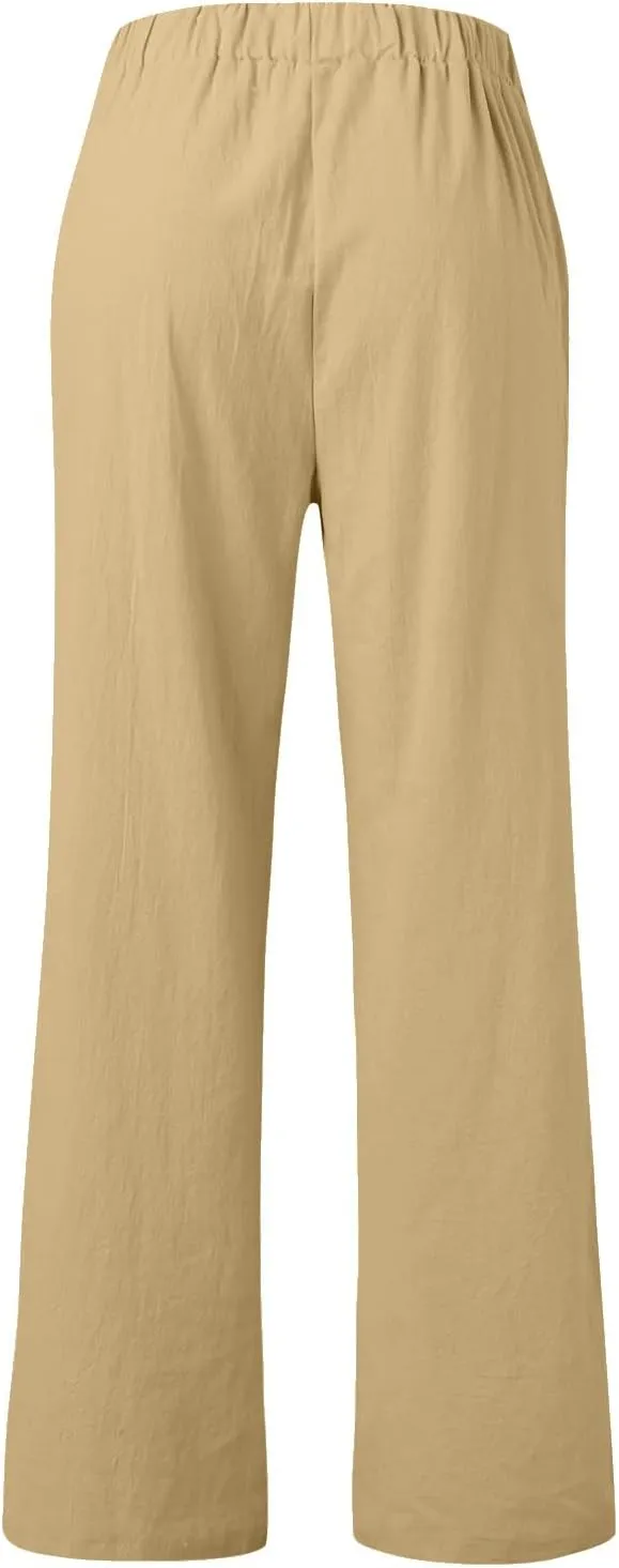 Womens Casual Solid High Waisted Trousers with Pockets Loose Wide Leg Cozy Pants Baggy Comfy Straight Leg Pants