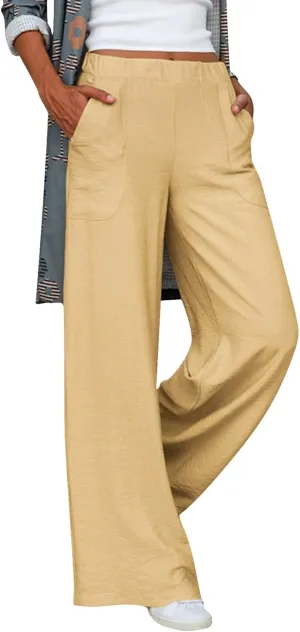Womens Casual Solid High Waisted Trousers with Pockets Loose Wide Leg Cozy Pants Baggy Comfy Straight Leg Pants