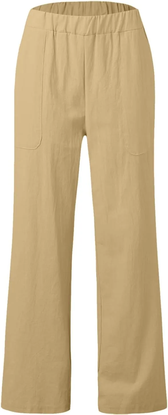 Womens Casual Solid High Waisted Trousers with Pockets Loose Wide Leg Cozy Pants Baggy Comfy Straight Leg Pants