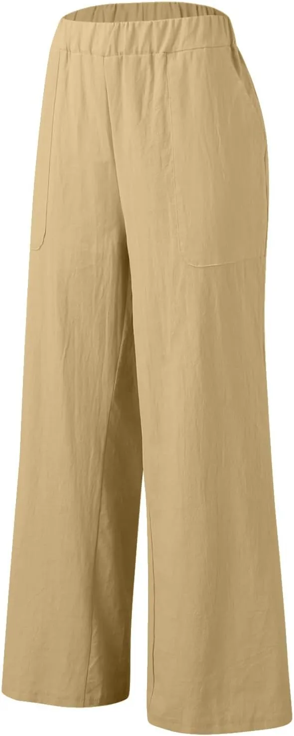 Womens Casual Solid High Waisted Trousers with Pockets Loose Wide Leg Cozy Pants Baggy Comfy Straight Leg Pants