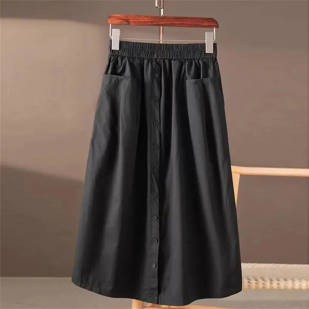 Women's Casual Washed Cotton Elastic Waist Slim Stpaight A Line Skirt with Large Pocket