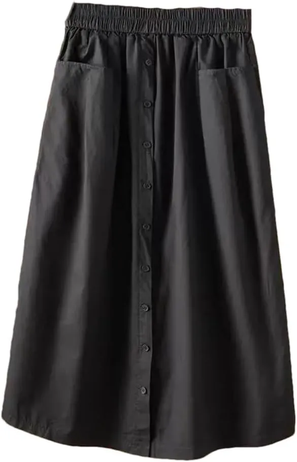 Women's Casual Washed Cotton Elastic Waist Slim Stpaight A Line Skirt with Large Pocket
