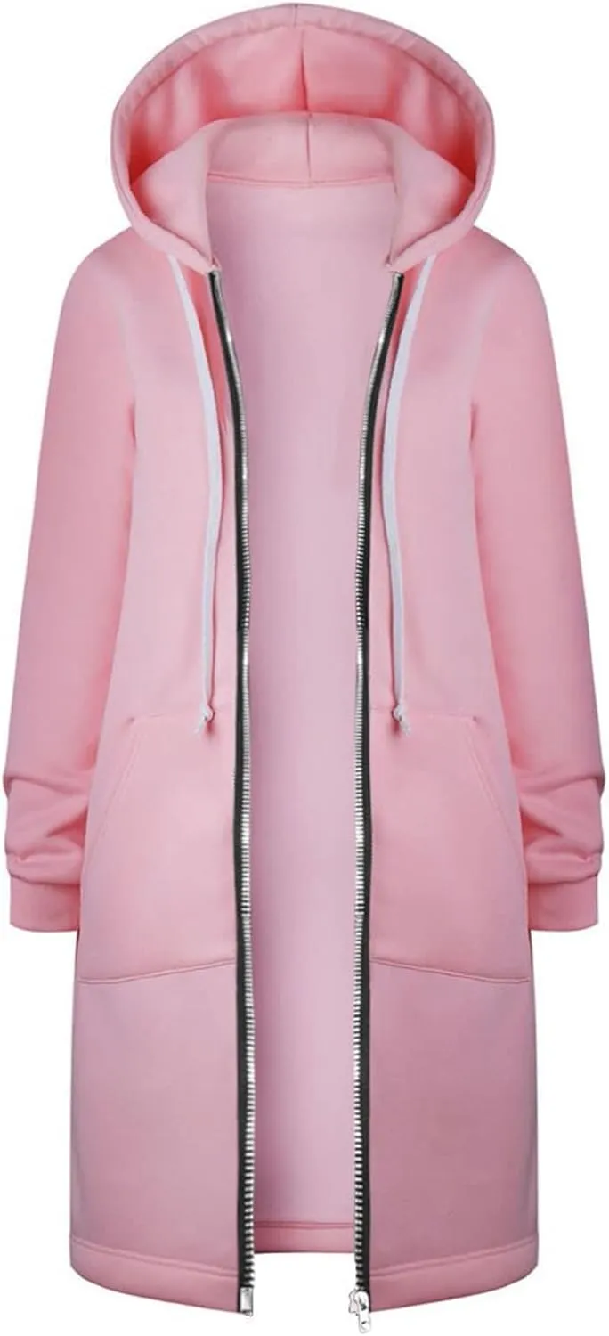 Women's Casual Zip Up Hoodies Long Tunic Sweatshirt Winter Windproof Drawstring Hooded Jacket Outerwear with Pockets