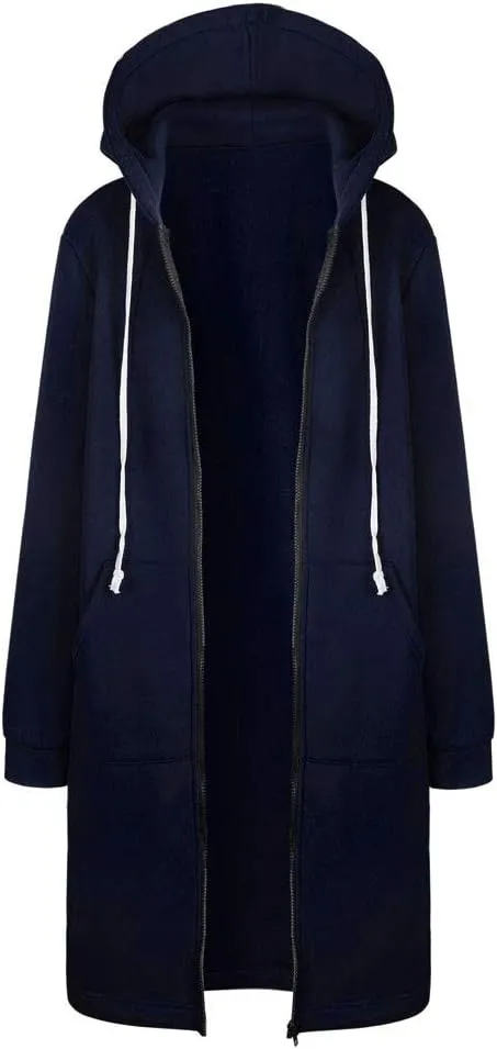 Women's Casual Zip Up Hoodies Long Tunic Sweatshirt Winter Windproof Drawstring Hooded Jacket Outerwear with Pockets