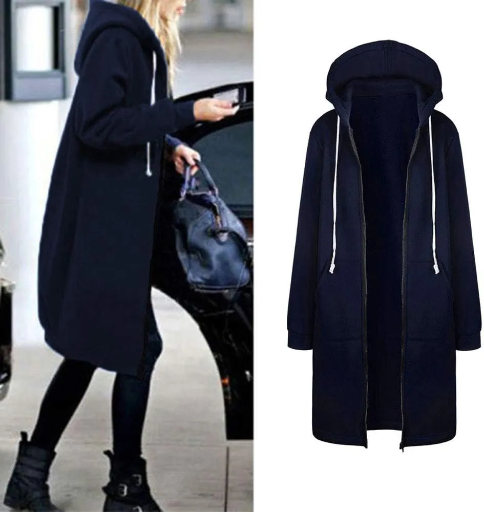 Women's Casual Zip Up Hoodies Long Tunic Sweatshirt Winter Windproof Drawstring Hooded Jacket Outerwear with Pockets