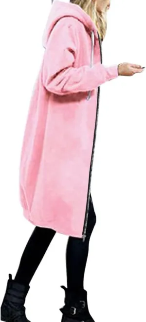 Women's Casual Zip Up Hoodies Long Tunic Sweatshirt Winter Windproof Drawstring Hooded Jacket Outerwear with Pockets
