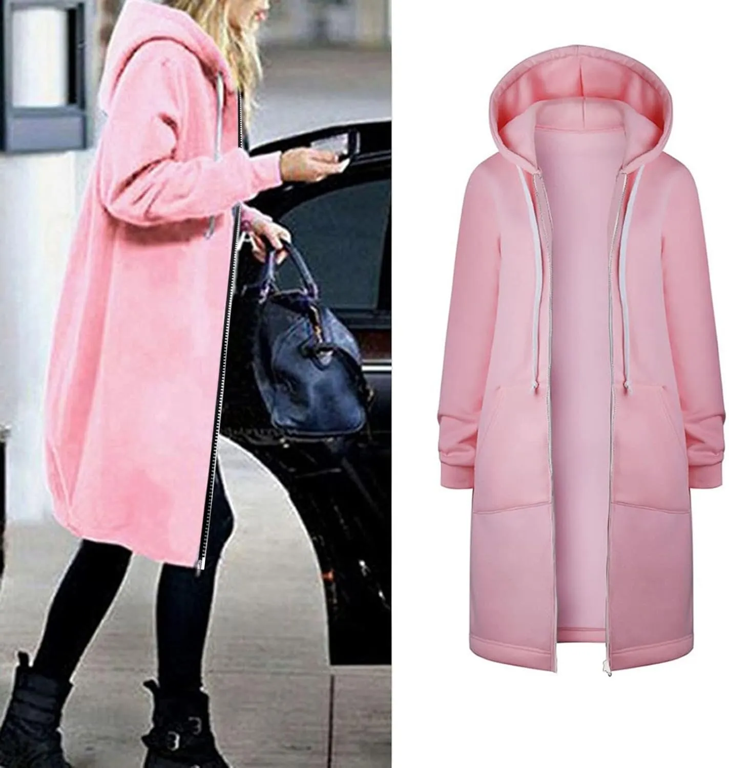 Women's Casual Zip Up Hoodies Long Tunic Sweatshirt Winter Windproof Drawstring Hooded Jacket Outerwear with Pockets