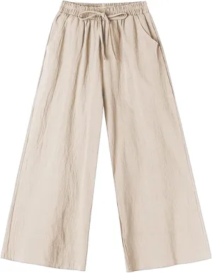Women's Cotton Linen Straight Leg Palazzo Pants Elastic Strappy Wide Leg Flowy Pants Loose Lounge Trousers Cute Pants