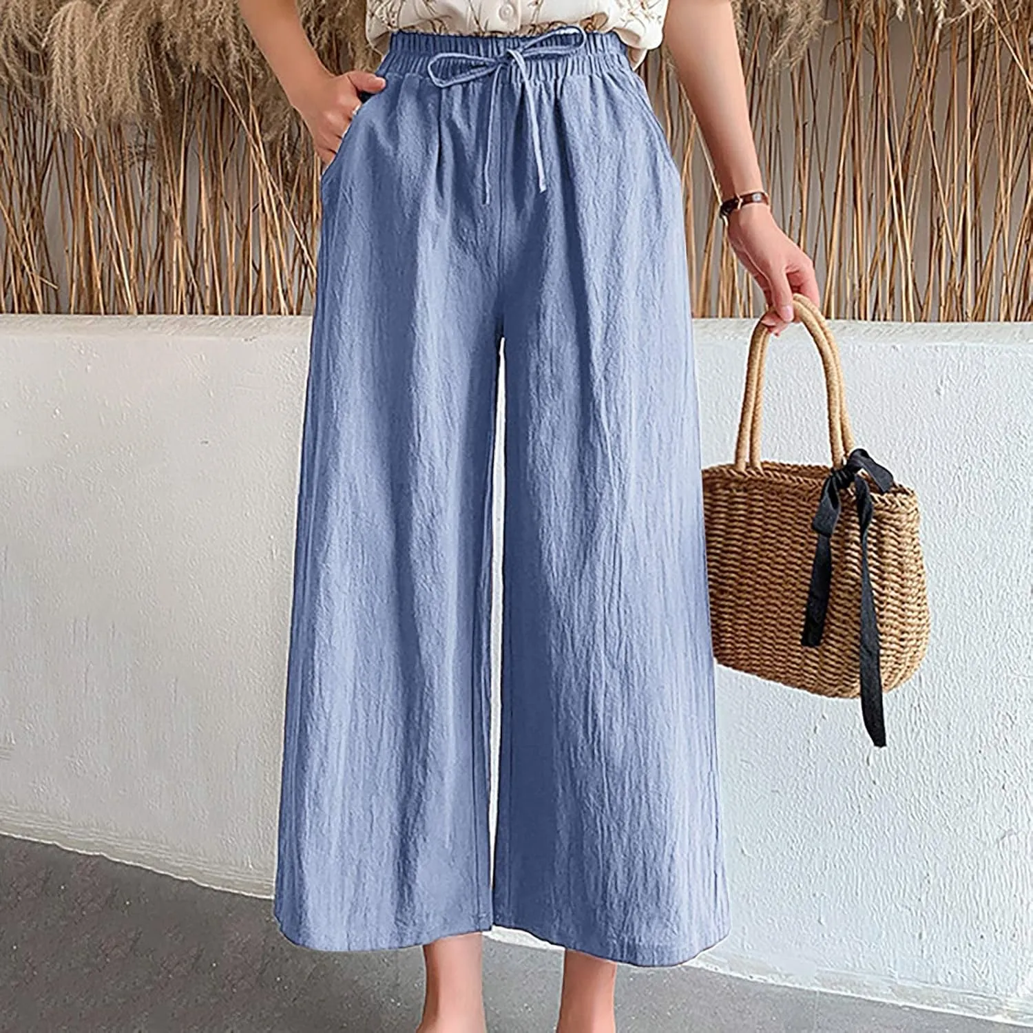 Women's Cotton Linen Straight Leg Palazzo Pants Elastic Strappy Wide Leg Flowy Pants Loose Lounge Trousers Cute Pants