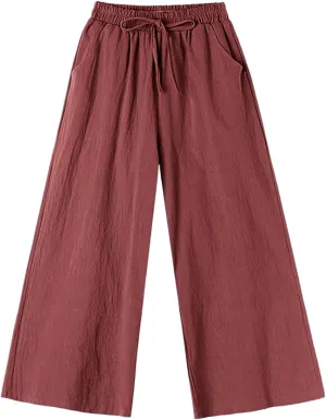 Women's Cotton Linen Straight Leg Palazzo Pants Elastic Strappy Wide Leg Flowy Pants Loose Lounge Trousers Cute Pants