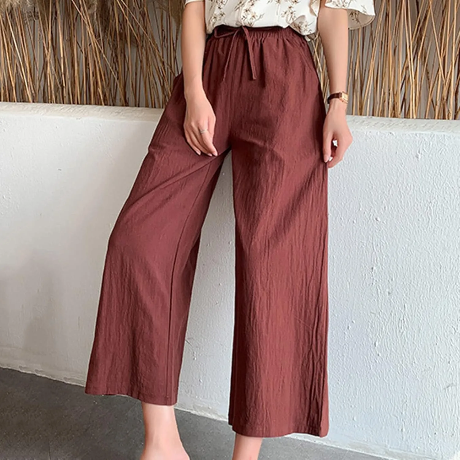 Women's Cotton Linen Straight Leg Palazzo Pants Elastic Strappy Wide Leg Flowy Pants Loose Lounge Trousers Cute Pants