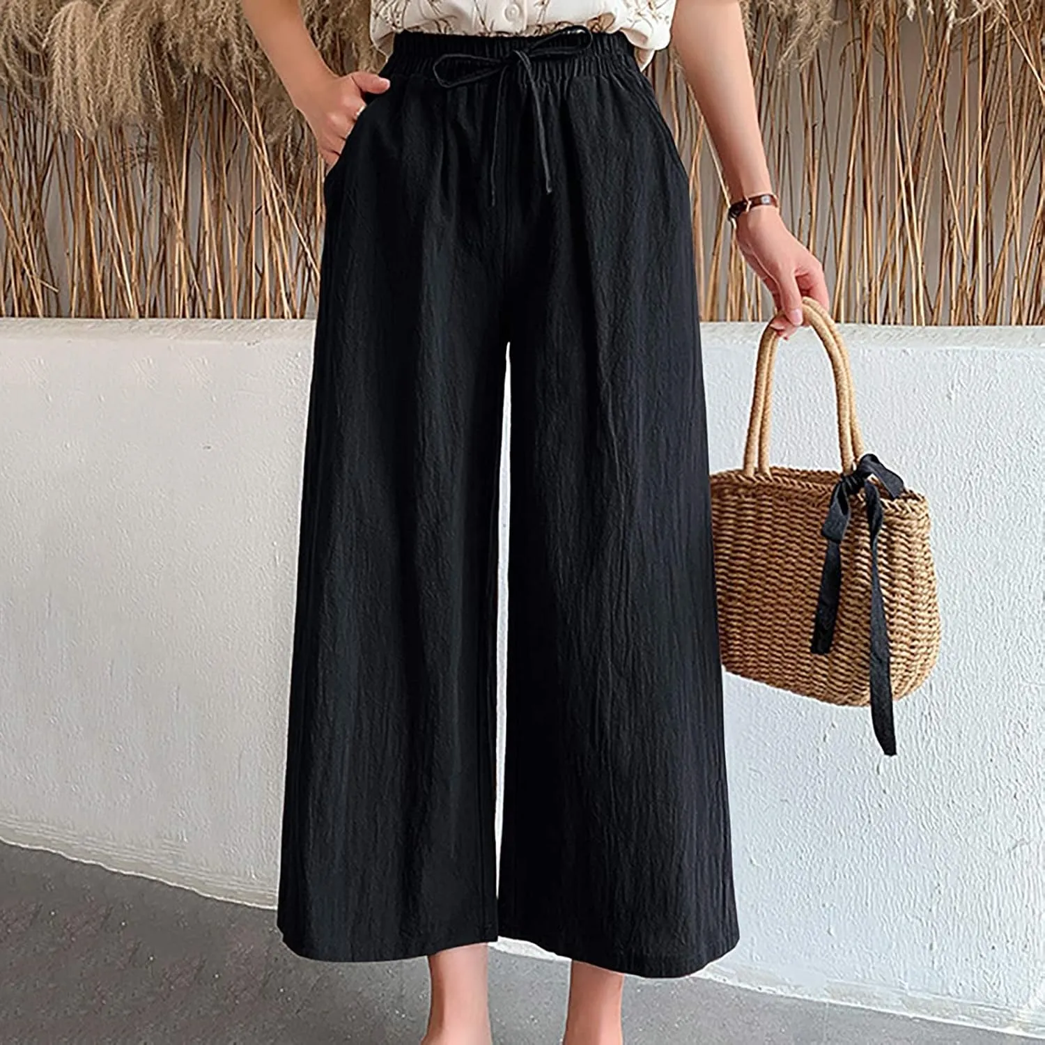 Women's Cotton Linen Straight Leg Palazzo Pants Elastic Strappy Wide Leg Flowy Pants Loose Lounge Trousers Cute Pants