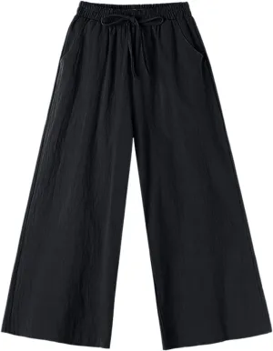Women's Cotton Linen Straight Leg Palazzo Pants Elastic Strappy Wide Leg Flowy Pants Loose Lounge Trousers Cute Pants