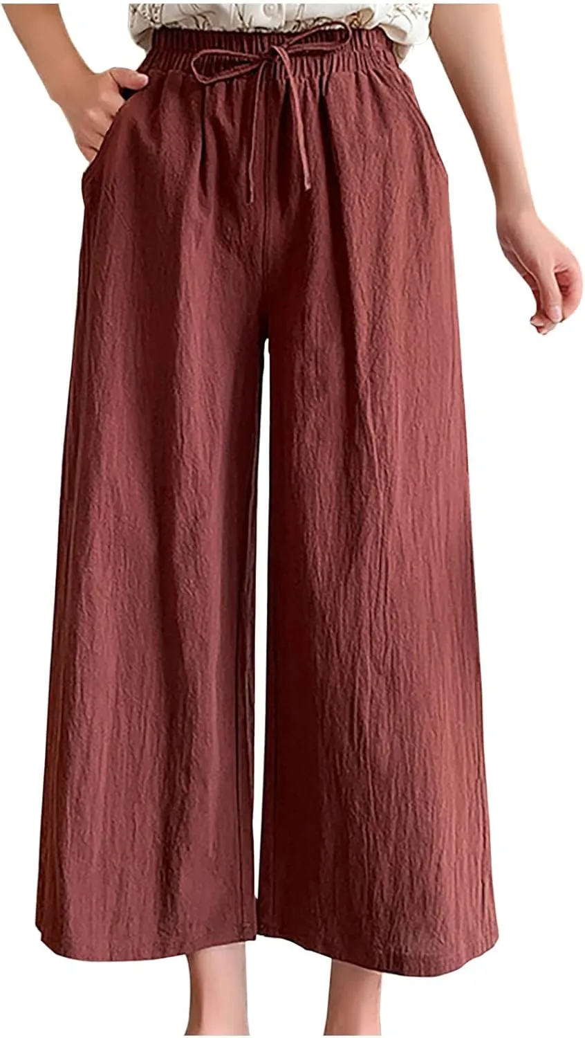 Women's Cotton Linen Straight Leg Palazzo Pants Elastic Strappy Wide Leg Flowy Pants Loose Lounge Trousers Cute Pants