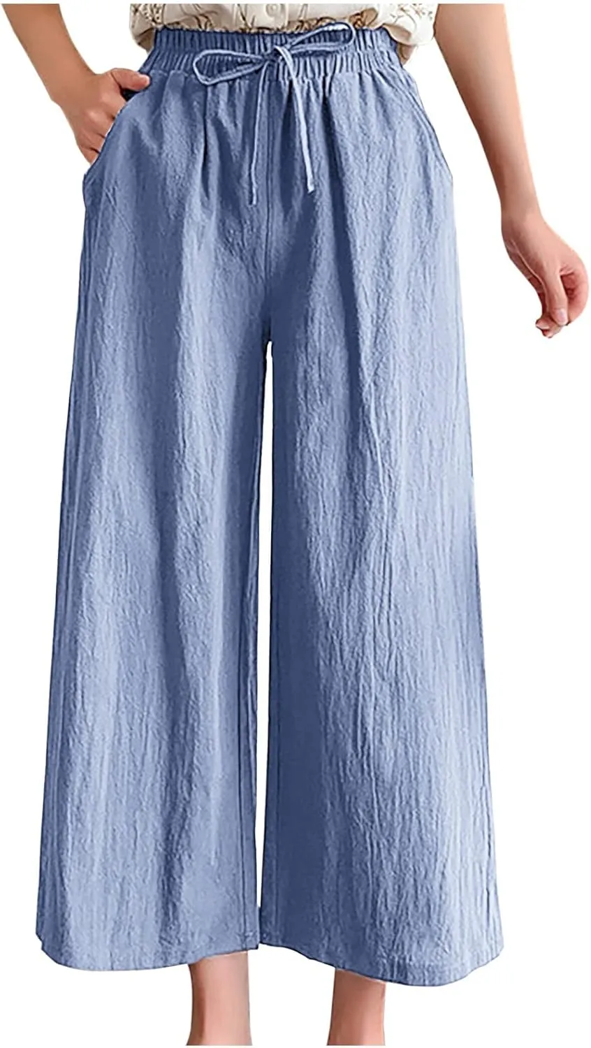 Women's Cotton Linen Straight Leg Palazzo Pants Elastic Strappy Wide Leg Flowy Pants Loose Lounge Trousers Cute Pants