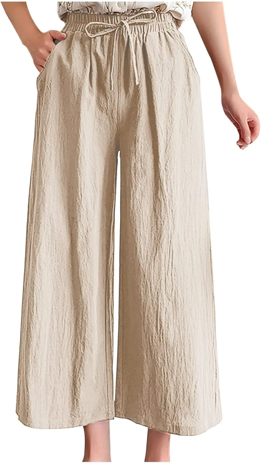 Women's Cotton Linen Straight Leg Palazzo Pants Elastic Strappy Wide Leg Flowy Pants Loose Lounge Trousers Cute Pants