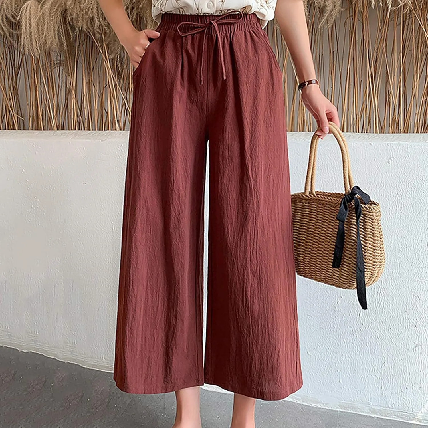 Women's Cotton Linen Straight Leg Palazzo Pants Elastic Strappy Wide Leg Flowy Pants Loose Lounge Trousers Cute Pants