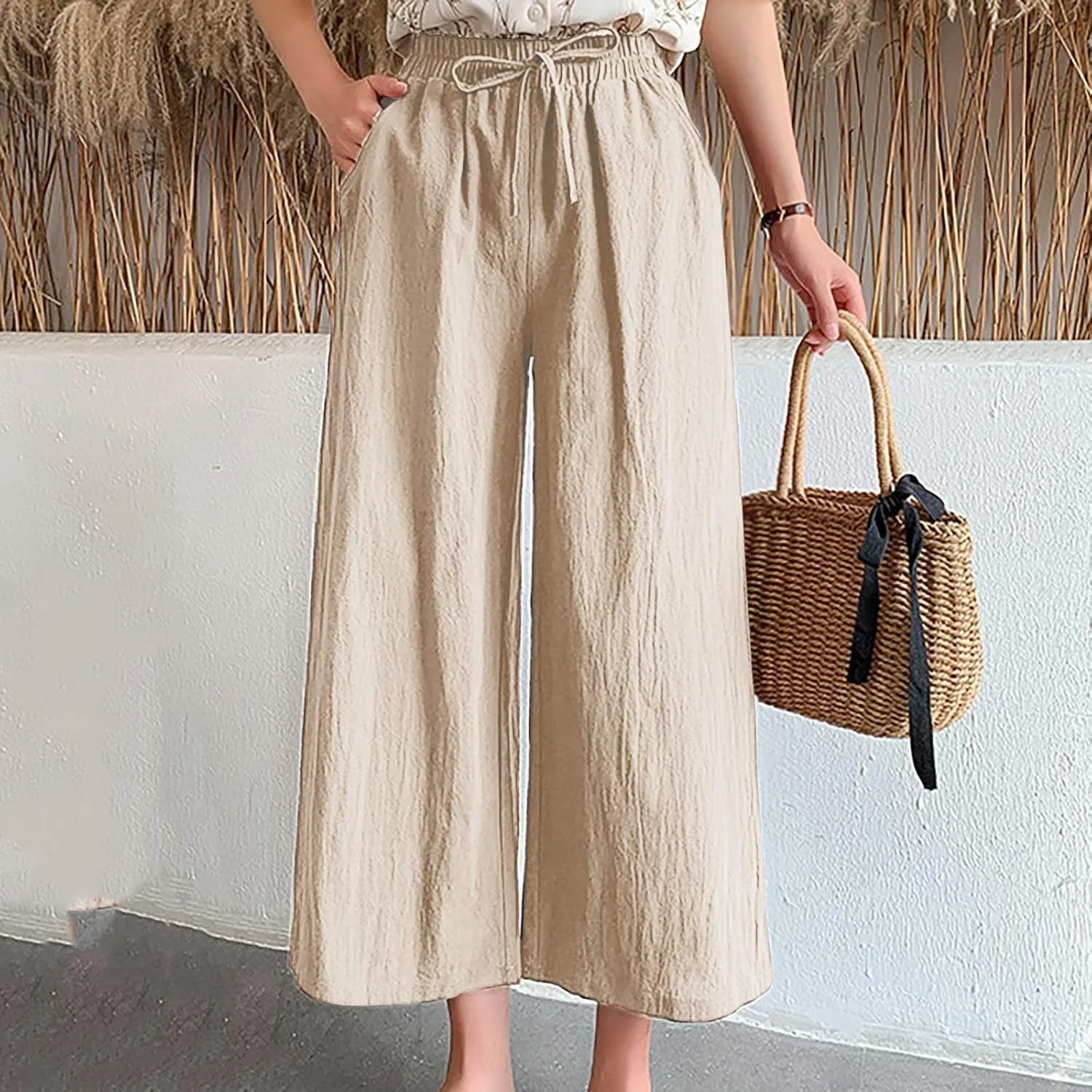 Women's Cotton Linen Straight Leg Palazzo Pants Elastic Strappy Wide Leg Flowy Pants Loose Lounge Trousers Cute Pants