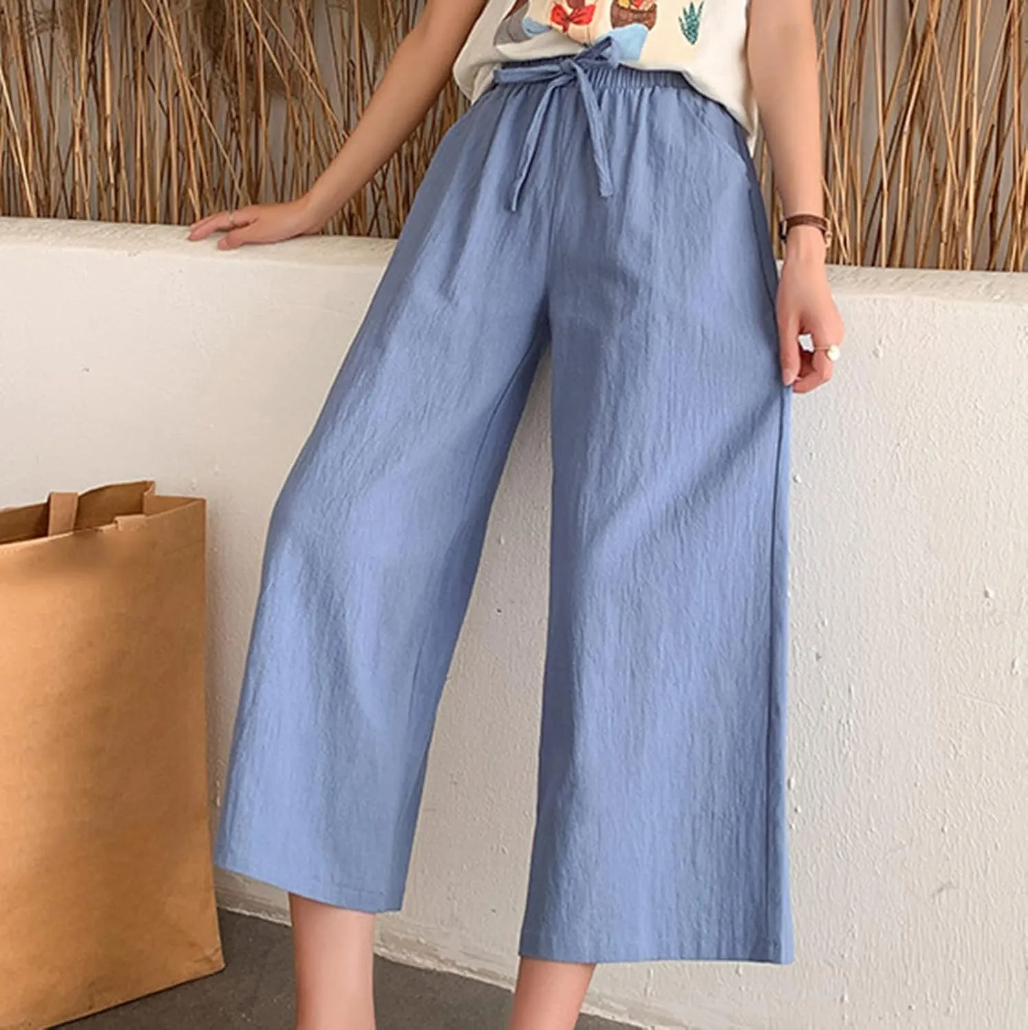 Women's Cotton Linen Straight Leg Palazzo Pants Elastic Strappy Wide Leg Flowy Pants Loose Lounge Trousers Cute Pants
