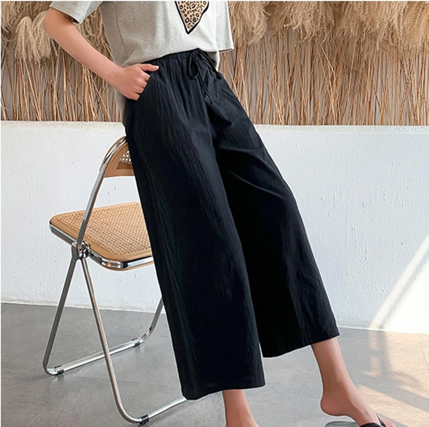 Women's Cotton Linen Straight Leg Palazzo Pants Elastic Strappy Wide Leg Flowy Pants Loose Lounge Trousers Cute Pants