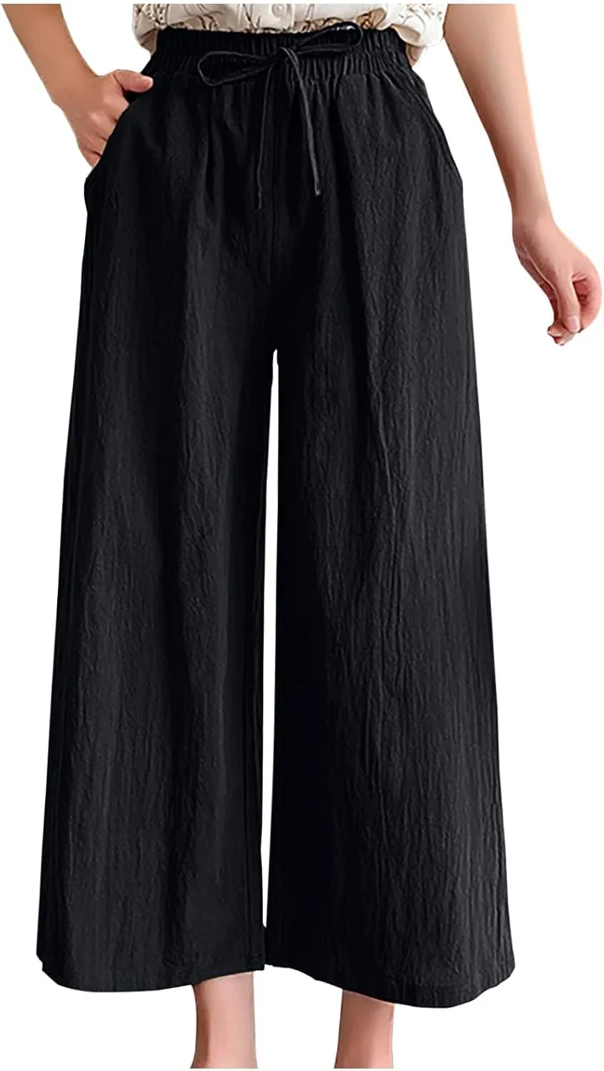 Women's Cotton Linen Straight Leg Palazzo Pants Elastic Strappy Wide Leg Flowy Pants Loose Lounge Trousers Cute Pants