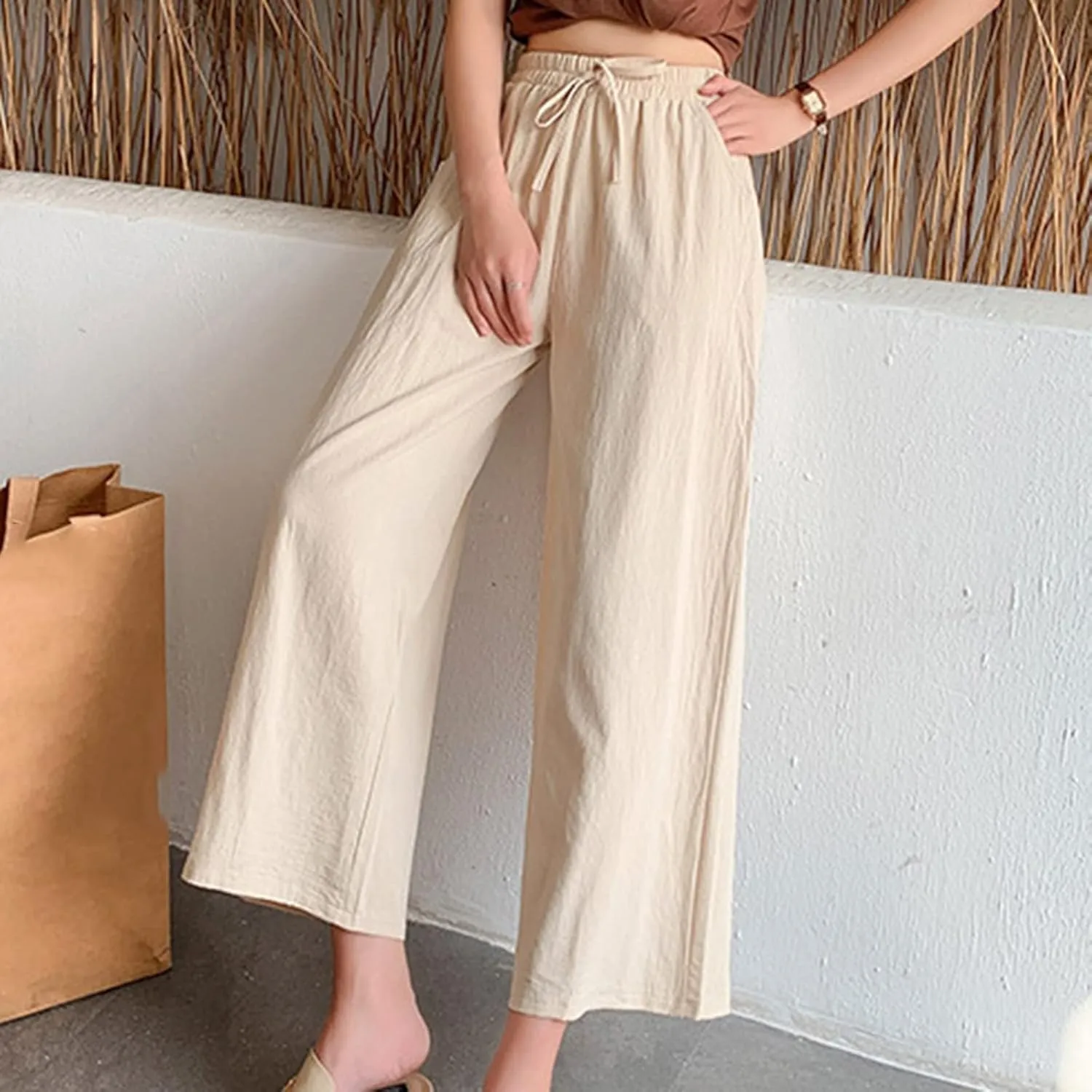 Women's Cotton Linen Straight Leg Palazzo Pants Elastic Strappy Wide Leg Flowy Pants Loose Lounge Trousers Cute Pants