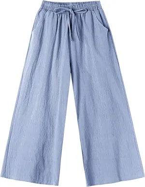 Women's Cotton Linen Straight Leg Palazzo Pants Elastic Strappy Wide Leg Flowy Pants Loose Lounge Trousers Cute Pants