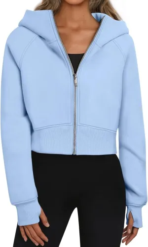 Womens Cropped Zip Up Hoodies Fleece Fall Outfits Casual Comfy Y2k Tops Winter Jackets Sweatshirts Clothes