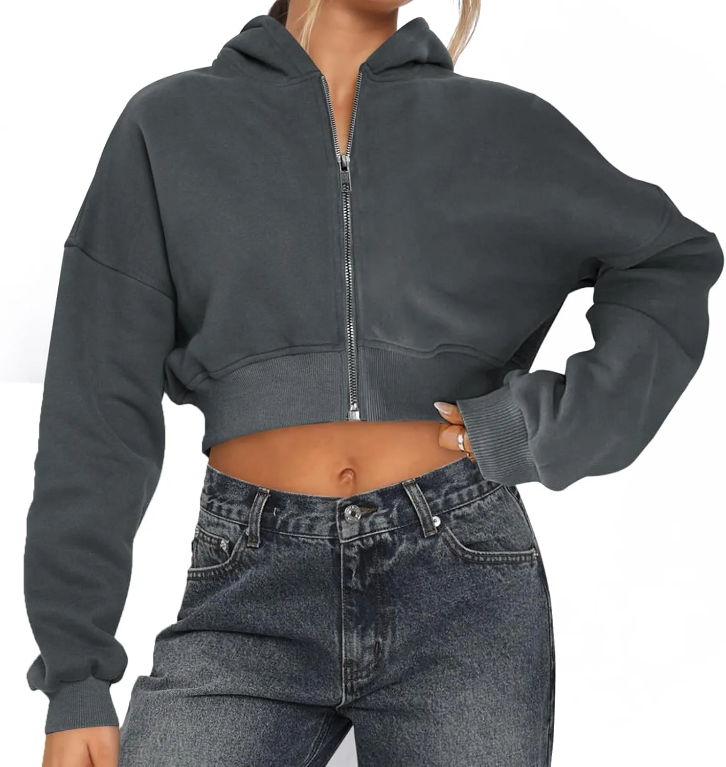 Womens Cropped Zip Up Hoodies Loose Fleece Sweatshirts Casual Hooded Jackets Cropped Running Gym