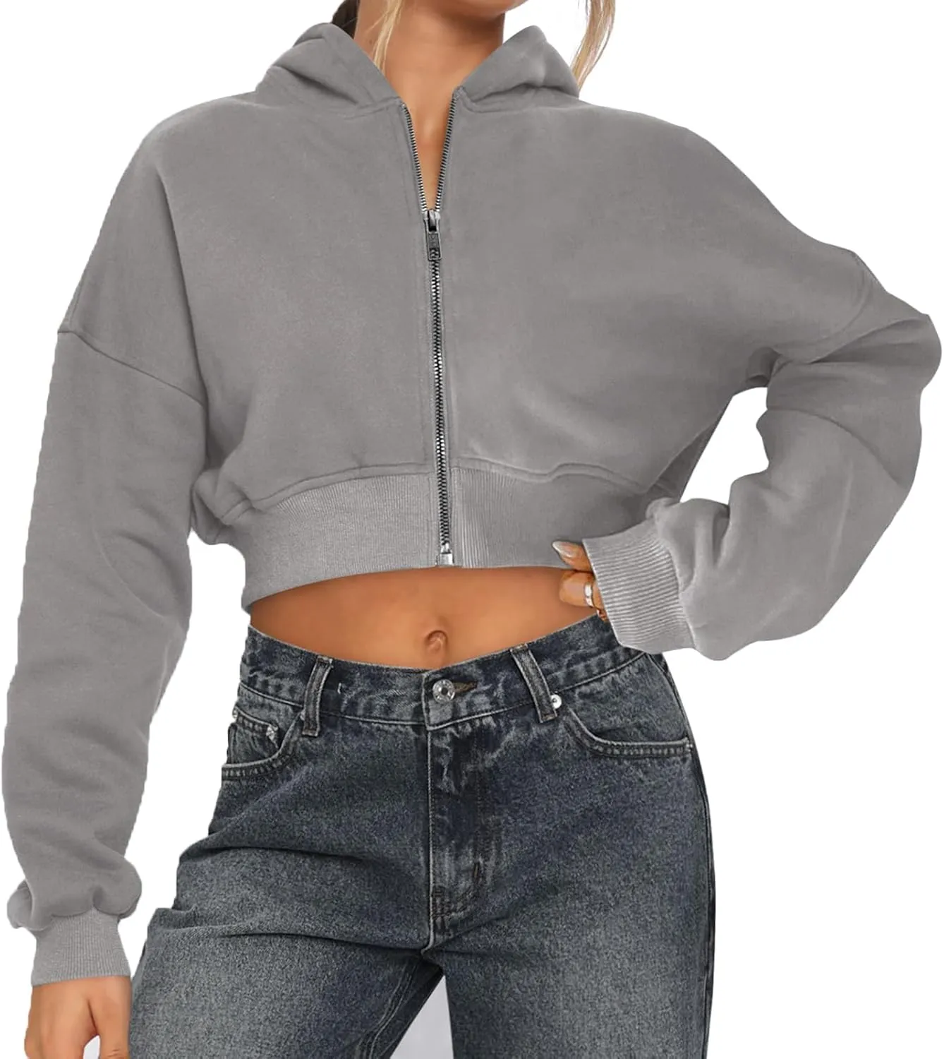 Womens Cropped Zip Up Hoodies Loose Fleece Sweatshirts Casual Hooded Jackets Cropped Running Gym