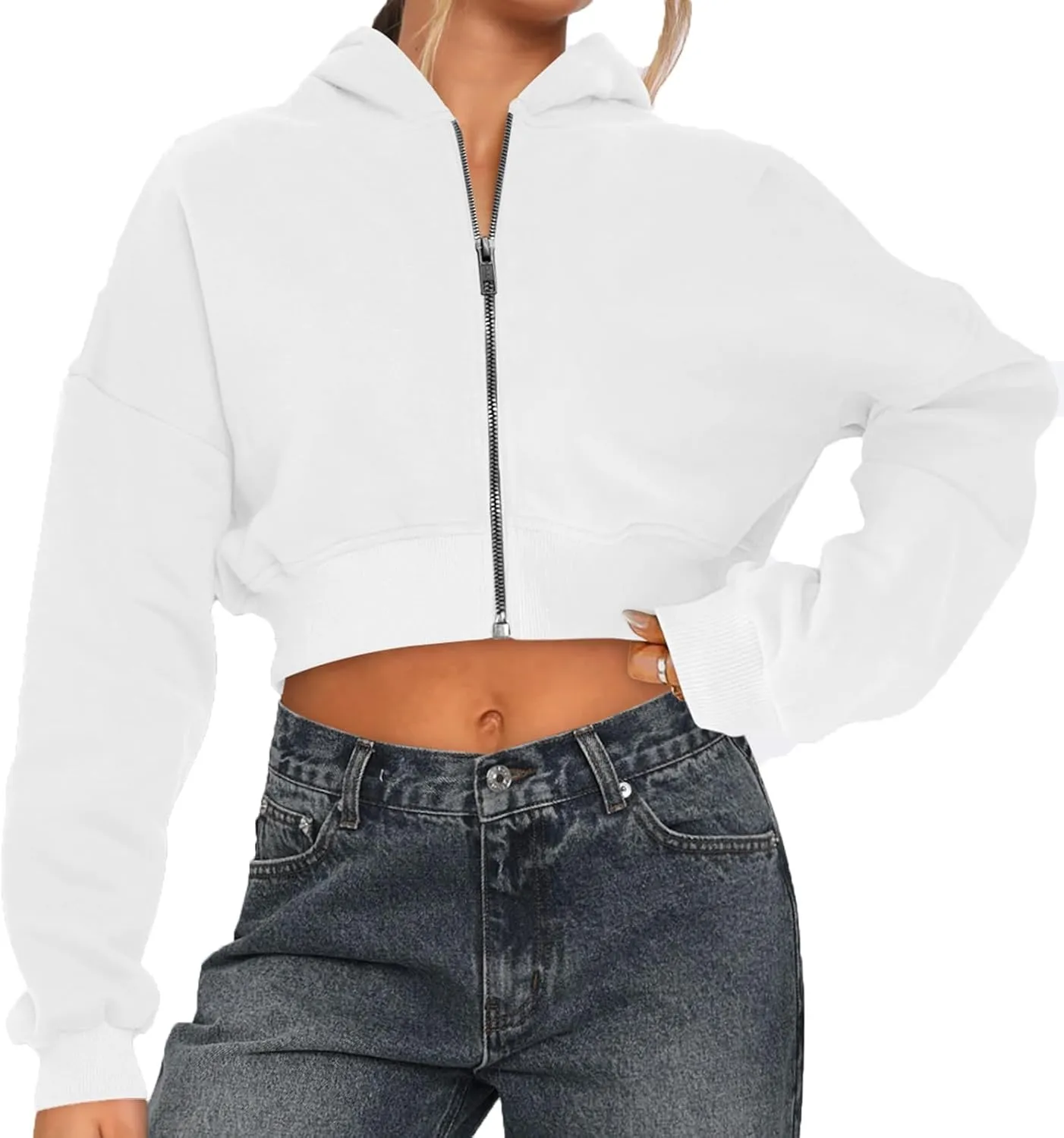Womens Cropped Zip Up Hoodies Loose Fleece Sweatshirts Casual Hooded Jackets Cropped Running Gym
