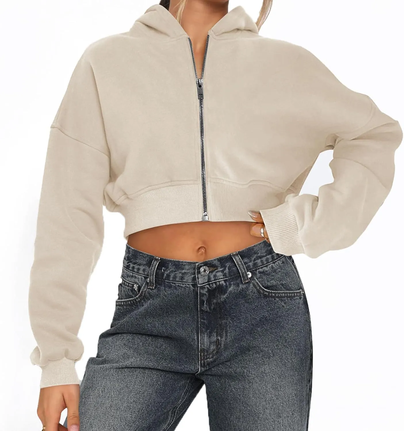 Womens Cropped Zip Up Hoodies Loose Fleece Sweatshirts Casual Hooded Jackets Cropped Running Gym