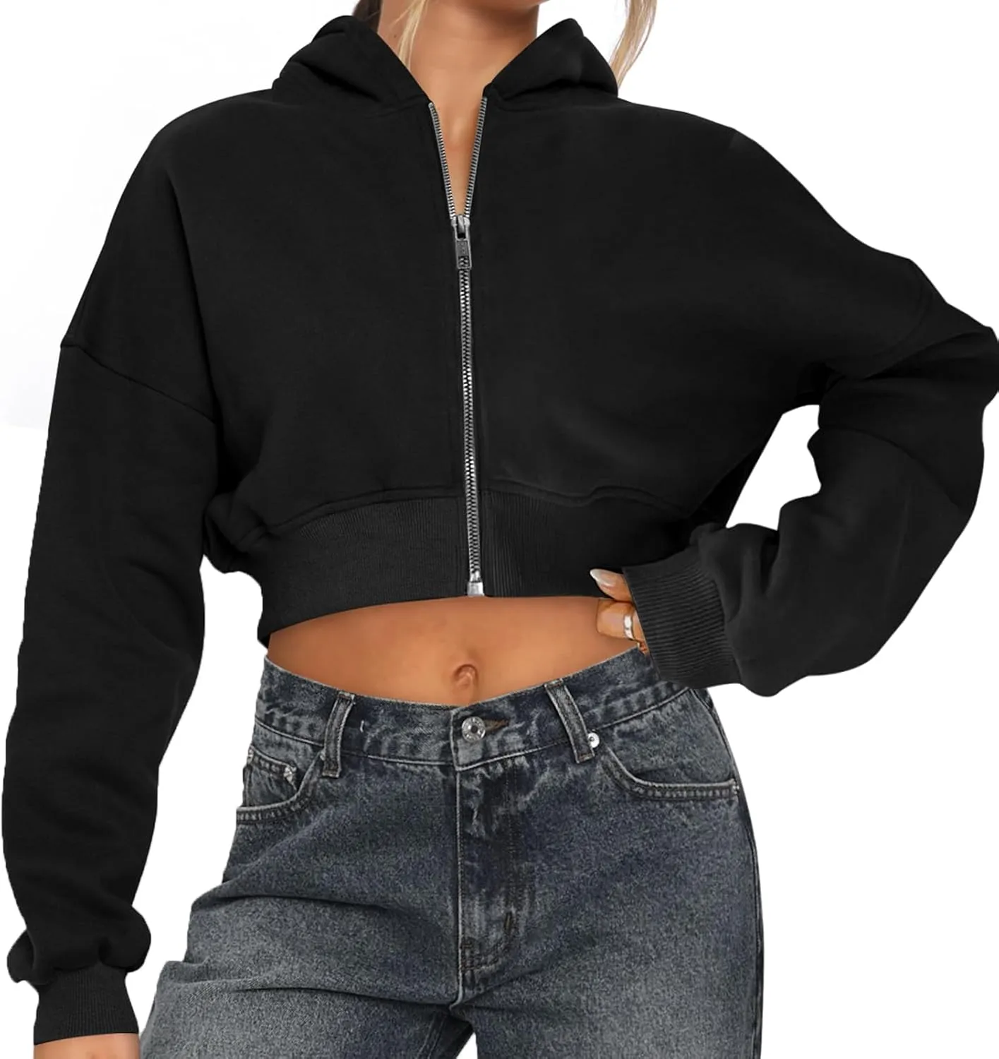 Womens Cropped Zip Up Hoodies Loose Fleece Sweatshirts Casual Hooded Jackets Cropped Running Gym