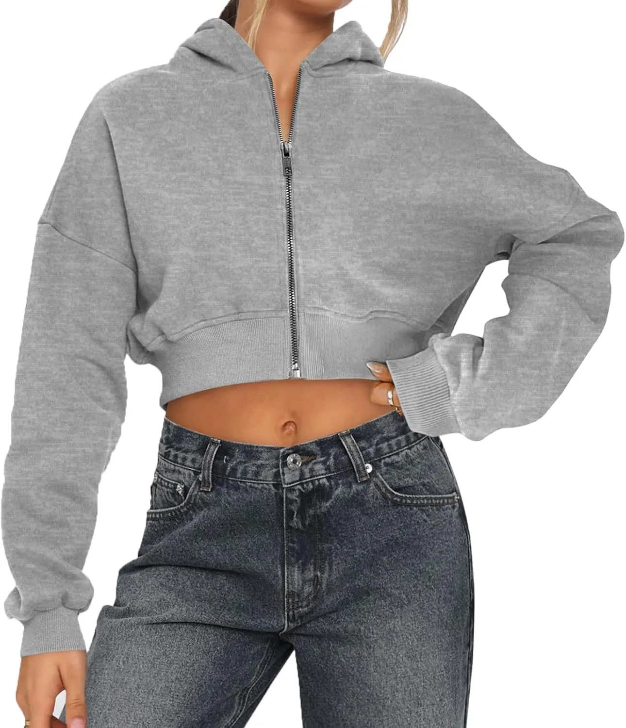 Womens Cropped Zip Up Hoodies Loose Fleece Sweatshirts Casual Hooded Jackets Cropped Running Gym