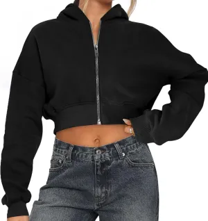 Womens Cropped Zip Up Hoodies Loose Fleece Sweatshirts Casual Hooded Jackets Cropped Running Gym