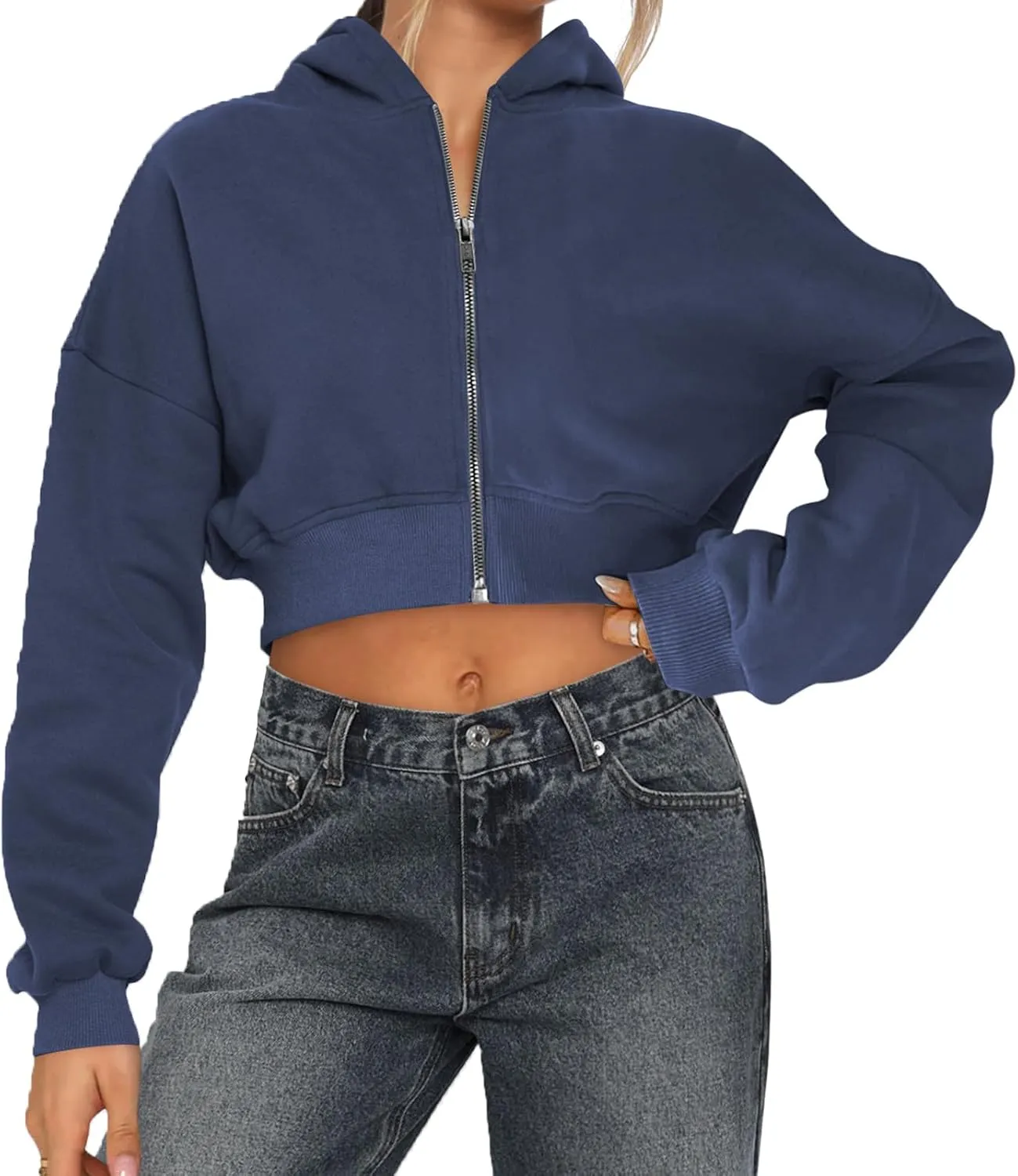 Womens Cropped Zip Up Hoodies Loose Fleece Sweatshirts Casual Hooded Jackets Cropped Running Gym