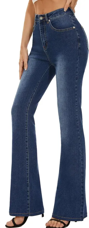Women's Denim Bell Bottom Jeans Flare Wide Leg Rise Skinny Stretch Slimming High Waisted Bootcut Pants(Blue,12)