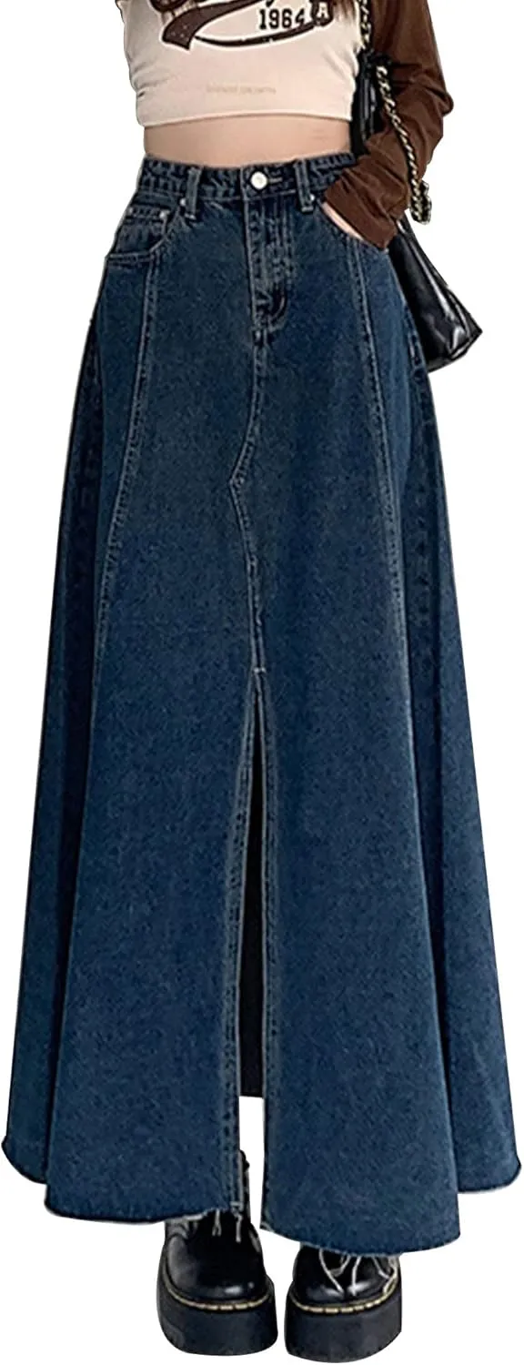 Women's Denim Maxi Skirt Pleated Split Hem Denim Skirt A-Line Skirt Jean Skirt