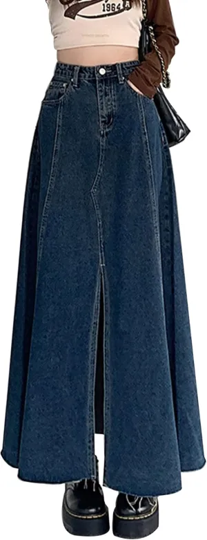 Women's Denim Maxi Skirt Pleated Split Hem Denim Skirt A-Line Skirt Jean Skirt