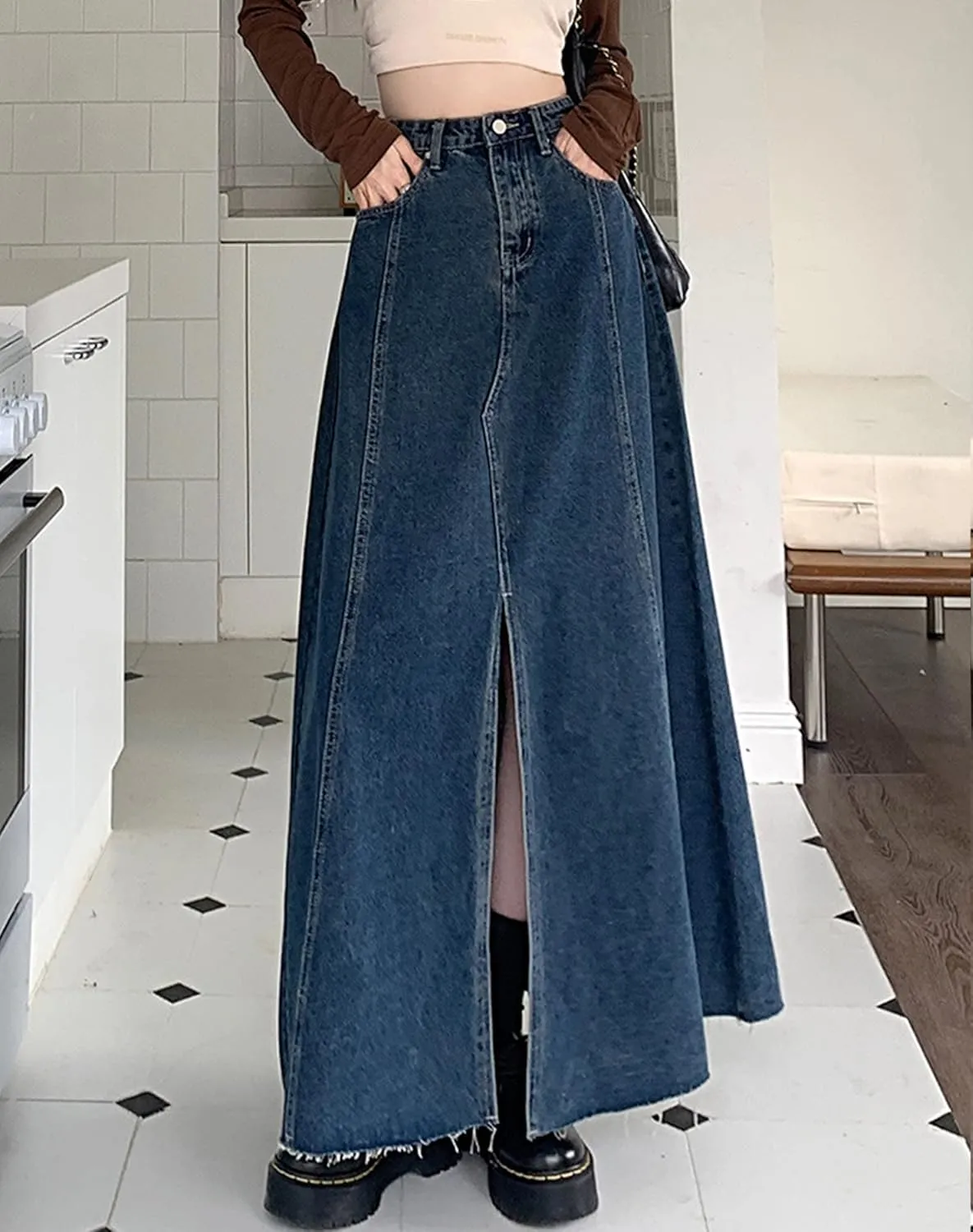 Women's Denim Maxi Skirt Pleated Split Hem Denim Skirt A-Line Skirt Jean Skirt
