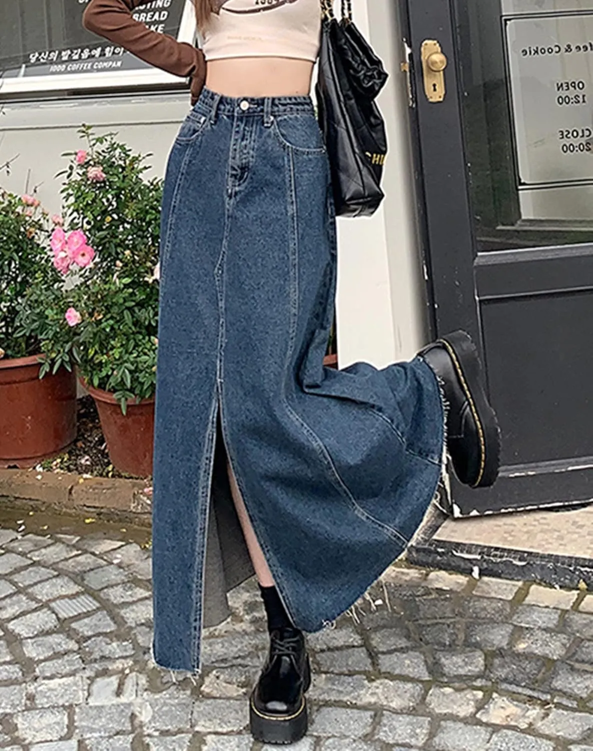Women's Denim Maxi Skirt Pleated Split Hem Denim Skirt A-Line Skirt Jean Skirt