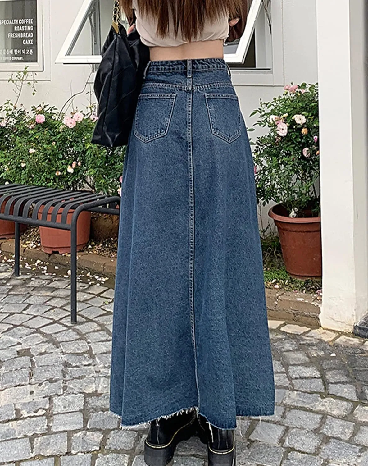 Women's Denim Maxi Skirt Pleated Split Hem Denim Skirt A-Line Skirt Jean Skirt