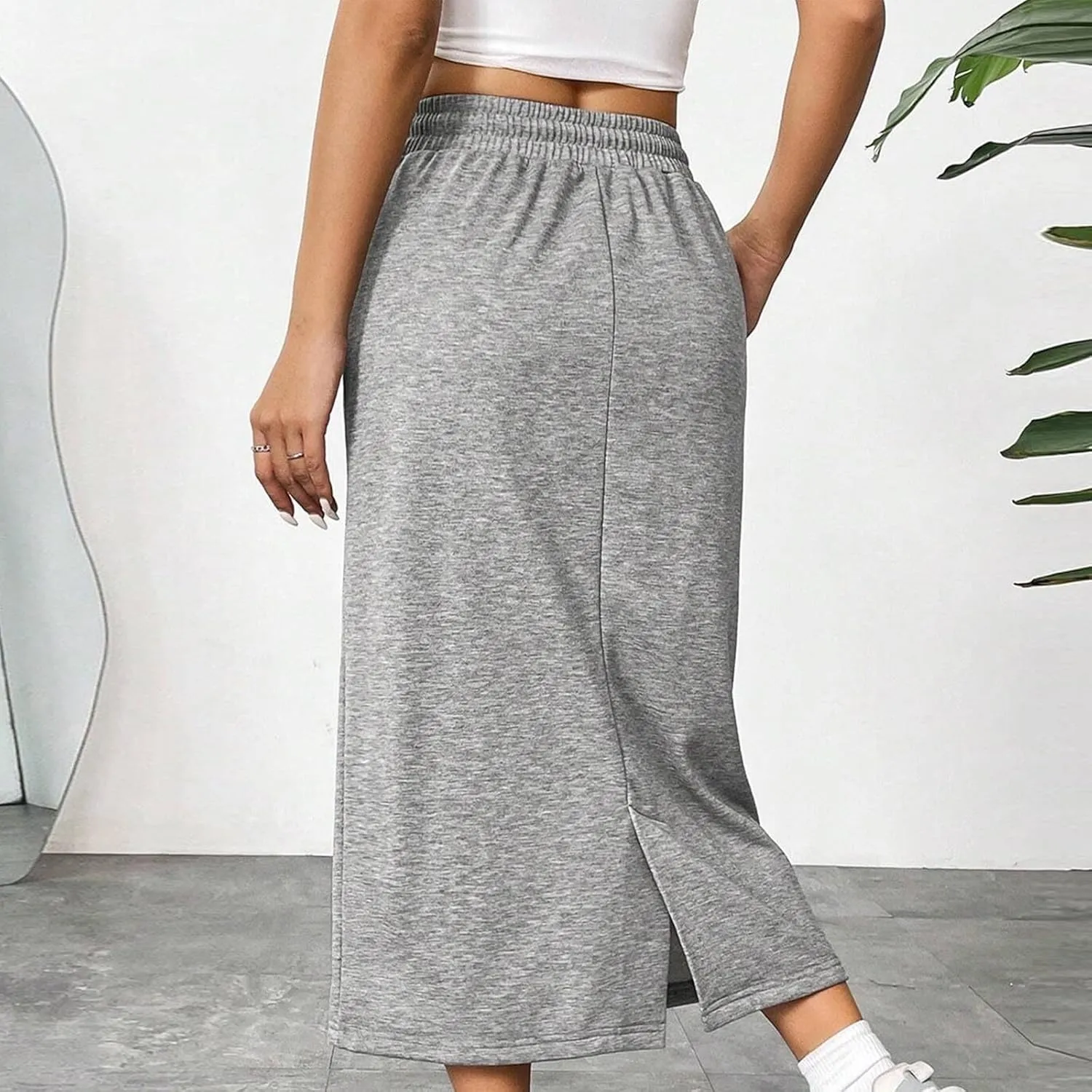 Womens Drawstring Maxi Skirts with Pockets Elastic High Waist A Line Long Sweat Skirt Slit Split Back Pencil Dress