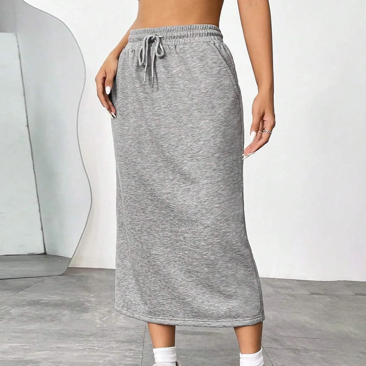 Womens Drawstring Maxi Skirts with Pockets Elastic High Waist A Line Long Sweat Skirt Slit Split Back Pencil Dress