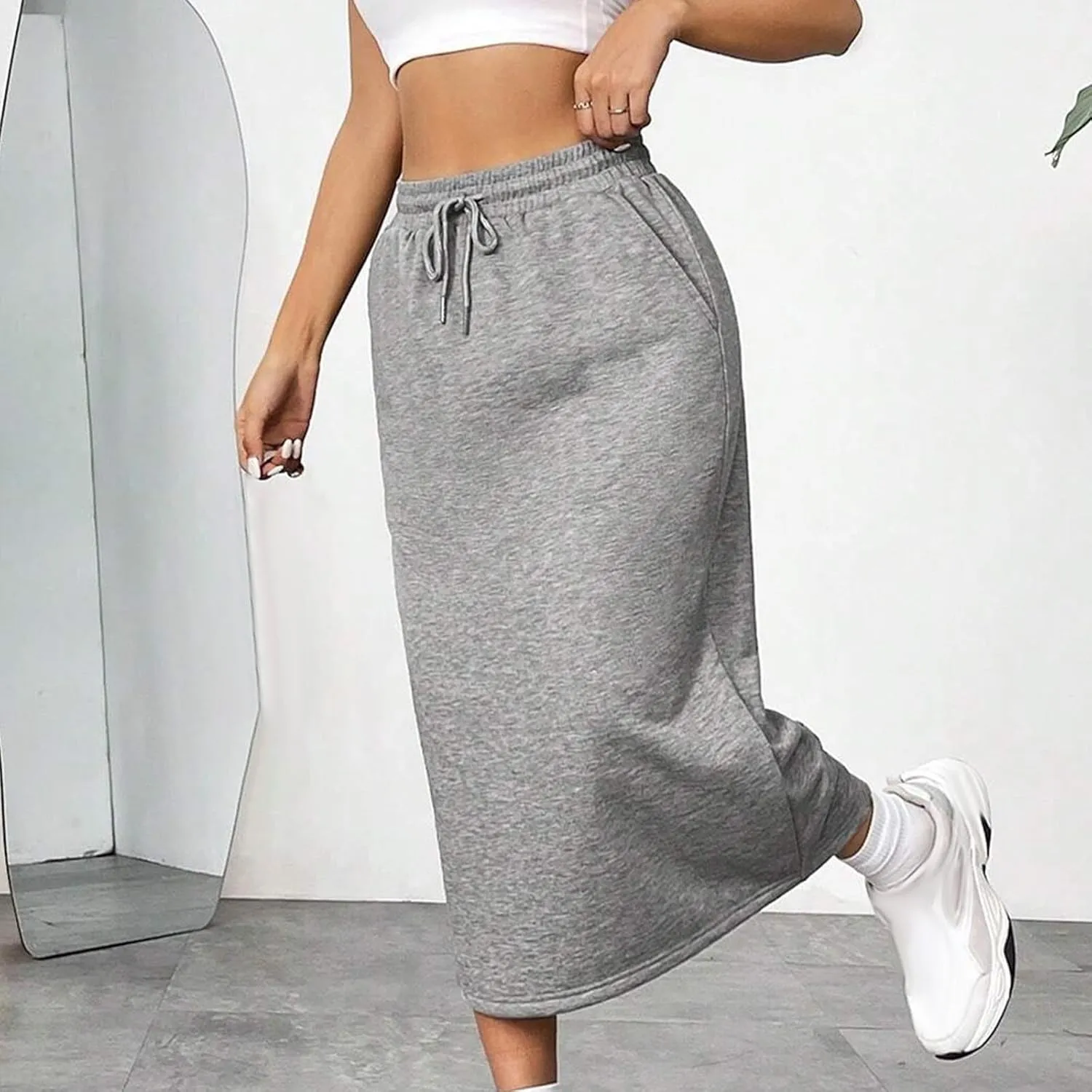 Womens Drawstring Maxi Skirts with Pockets Elastic High Waist A Line Long Sweat Skirt Slit Split Back Pencil Dress