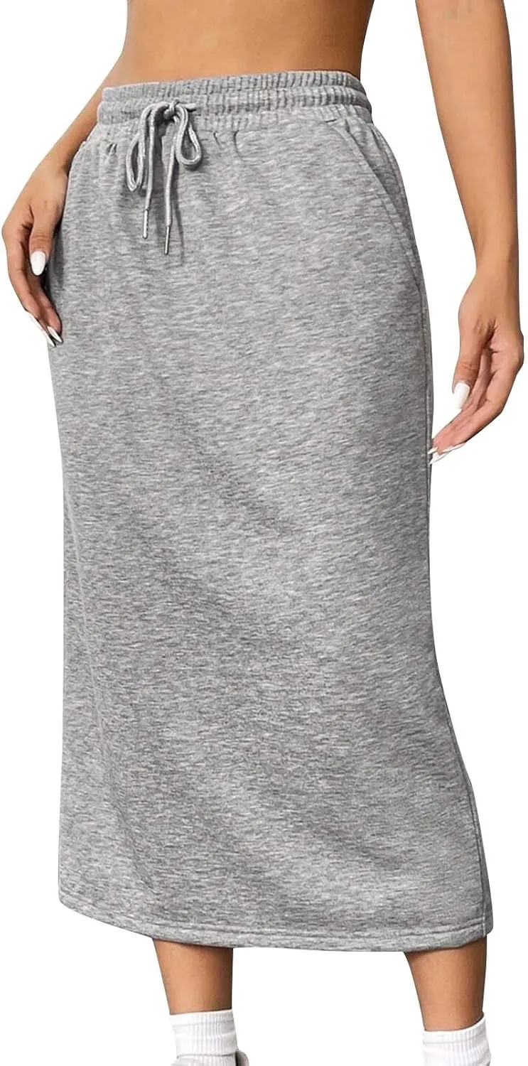 Womens Drawstring Maxi Skirts with Pockets Elastic High Waist A Line Long Sweat Skirt Slit Split Back Pencil Dress