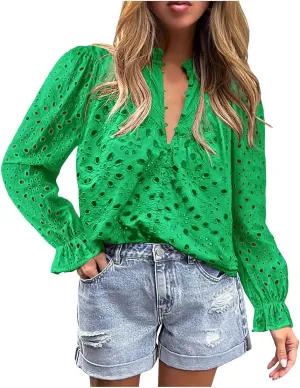 Women's Dressy Casual Blouse Tops Fall Puff Long Sleeve Button V Neck Hollow Out Lace Embroidered Shirts