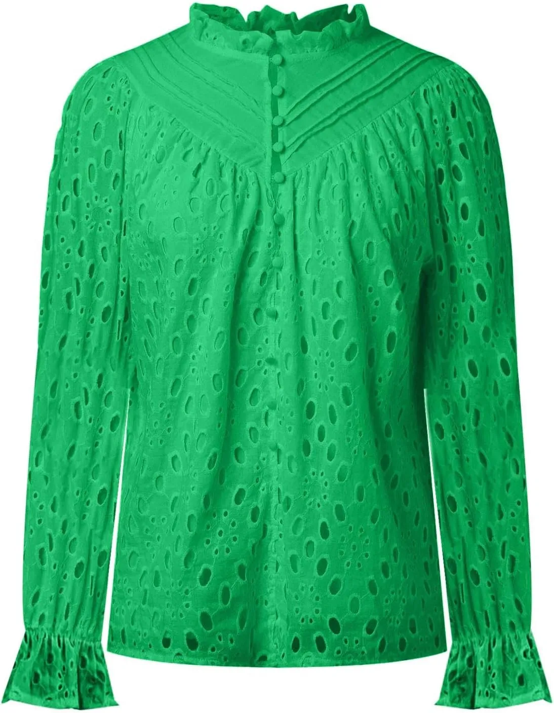 Women's Dressy Casual Blouse Tops Fall Puff Long Sleeve Button V Neck Hollow Out Lace Embroidered Shirts