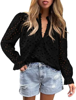 Women's Dressy Casual Blouse Tops Fall Puff Long Sleeve Button V Neck Hollow Out Lace Embroidered Shirts
